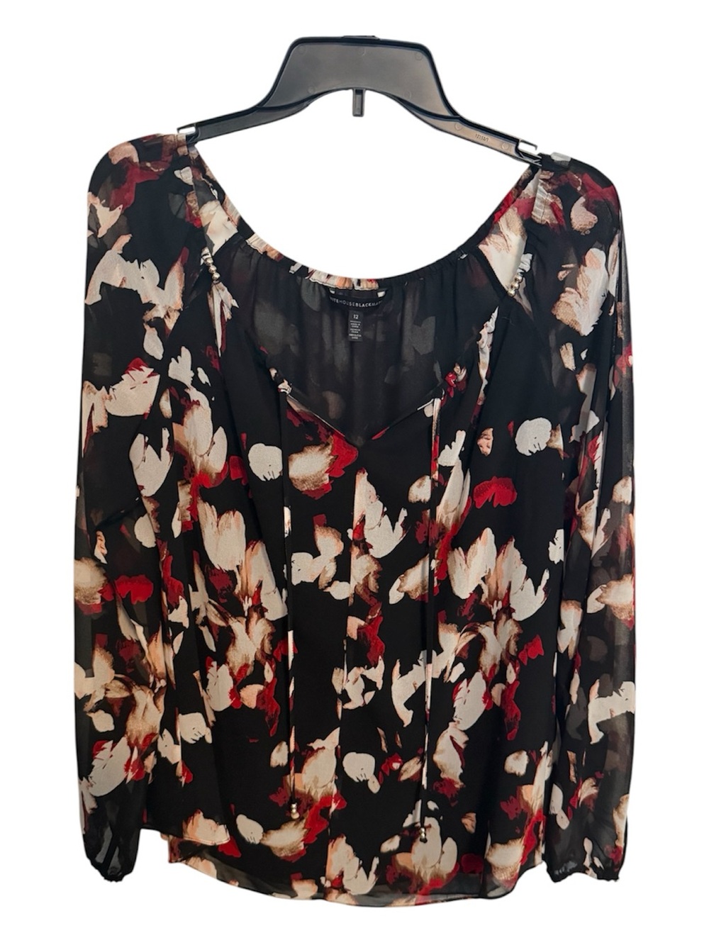 White House Black Market Black Floral Tie-Neck Sheer Blouse